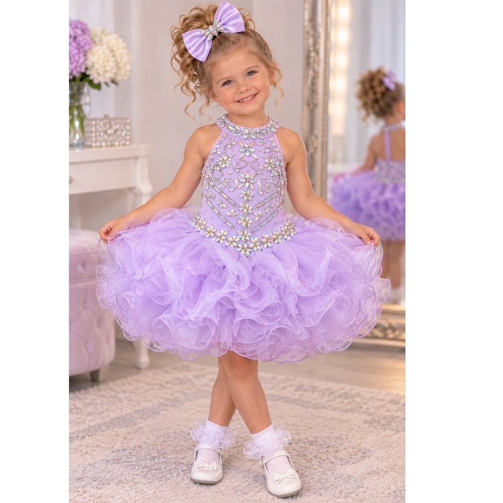 Girls Lavender Glitz Pageant Cupcake Dress Rhinestone Beaded Ruffle 3T-4T Outfit